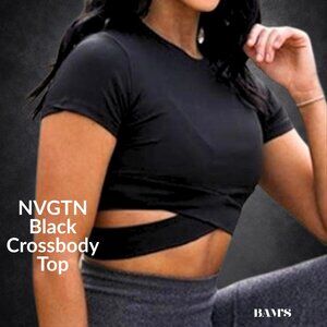 NVGTN Black Wrap Crop Top Crossbody Tie Waist Athletic Gym Shirt Women's Small